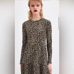 NWT Textured ZARA Leopard Print Smock Tiered Dress Size Medium